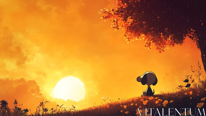 Cartoon dog sits under tree facing bright orange sunset