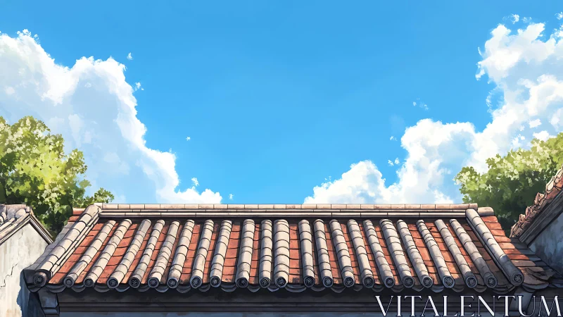 Sunlit tiled rooftop beneath a wide serene summer sky.