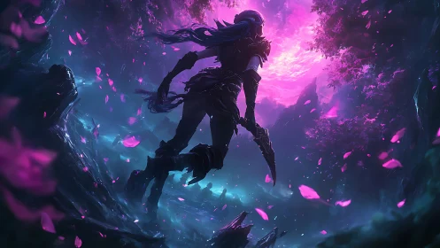 Fantasy warrior under luminous magenta vortex skyscape.