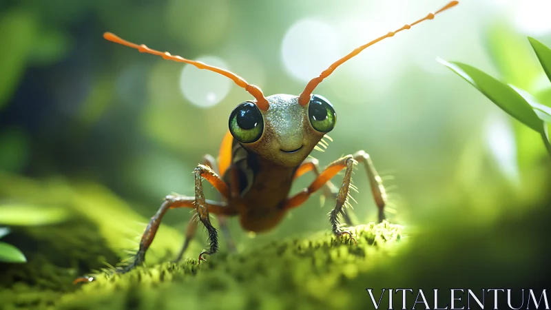 Playful macro render of stylized ant in luminous forest clearing