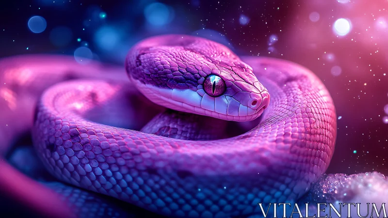 Coiled purple snake rendered under neon bokeh lighting