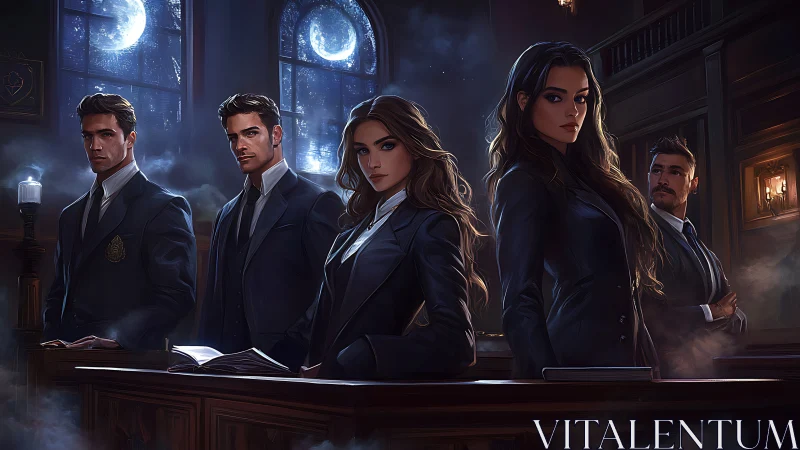 Academic tribunal of suited students under moonlit gothic windows