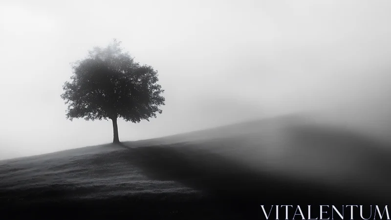 Monochrome lone tree on misted hillside with extended shadow.