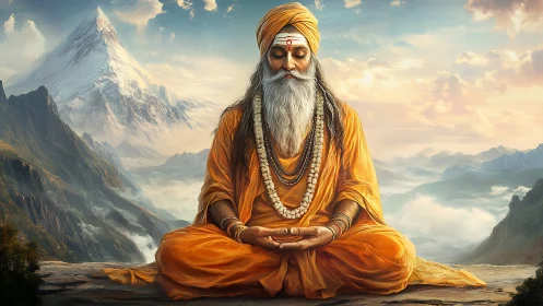 Mountain sage meditates in golden sunrise tranquility.