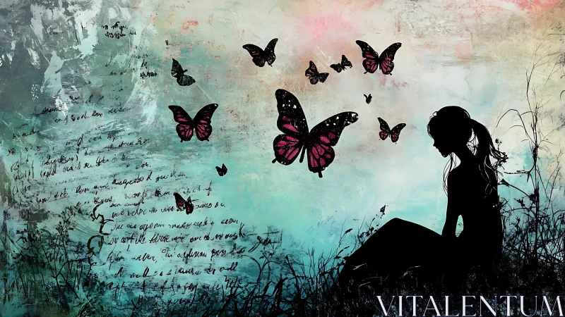 Silhouette of seated girl with butterflies and script overlay.