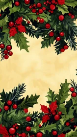 Vertical holly wreath border with red berries on parchment field