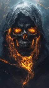 Fiery hooded skull with molten core and embers aglow.
