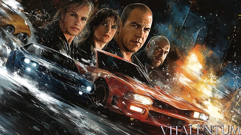 Dynamic motion illustration of street racers and explosive chase