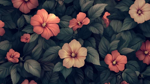 Coral Blooms Against Deep Foliage. Digital Garden.