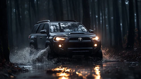Photorealistic SUV night off-road composition in wet forest environment.