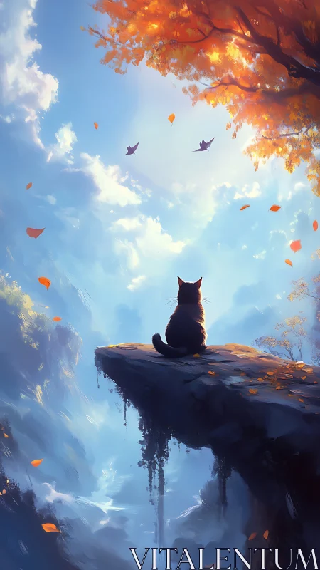 Black cat on cliff ledge under autumn tree and sky.