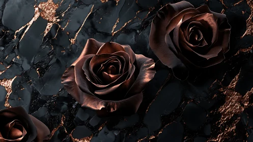 Copper black roses on obsidian marble gleam boldly.