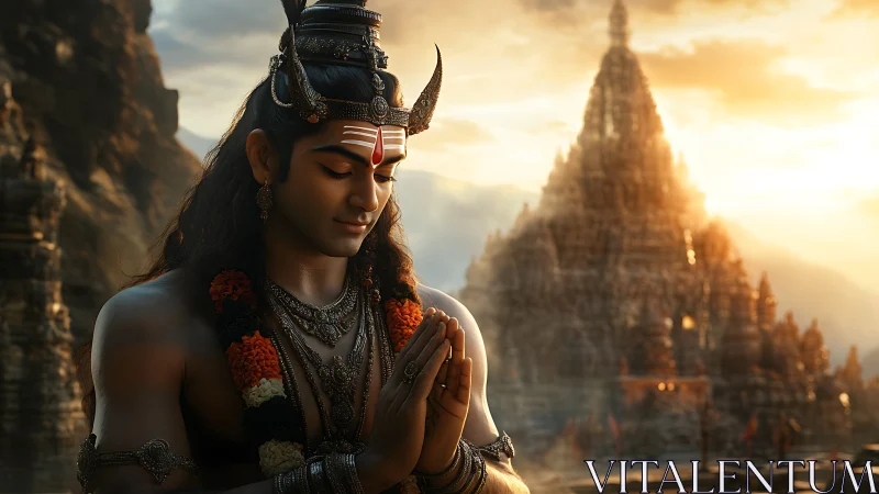 Devotional figure in ornate temple complex at golden hour.