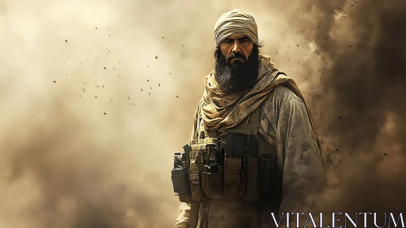 Armed man in tactical vest standing in dense desert dust.