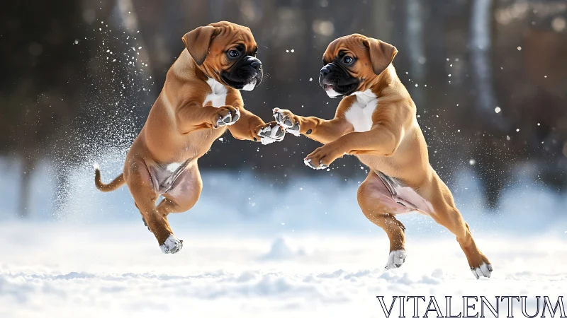 Two Joyful Boxers Dancing Together in Fresh Winter Snow.