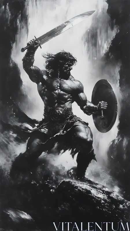 Sword-wielding barbarian amid cascading battle mist.