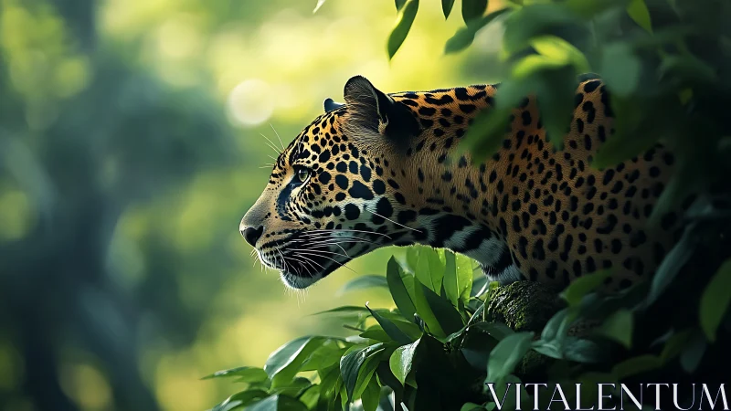 Golden jaguar pauses in lush jungle light, calmly listening