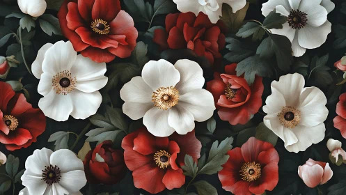 Crimson Blooms Dance: Red and Ivory Peonies on Obsidian.