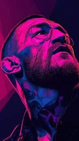 Neon-bathed bearded rebel gazes into electric midnight skies.