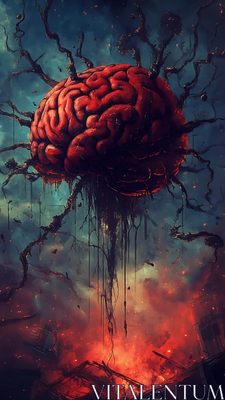 Apocalyptic sky-brain erupts above a burning, ruined world.