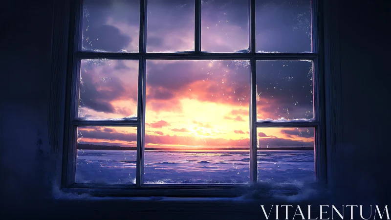 Frosted window frames vivid winter sunrise over icy plain