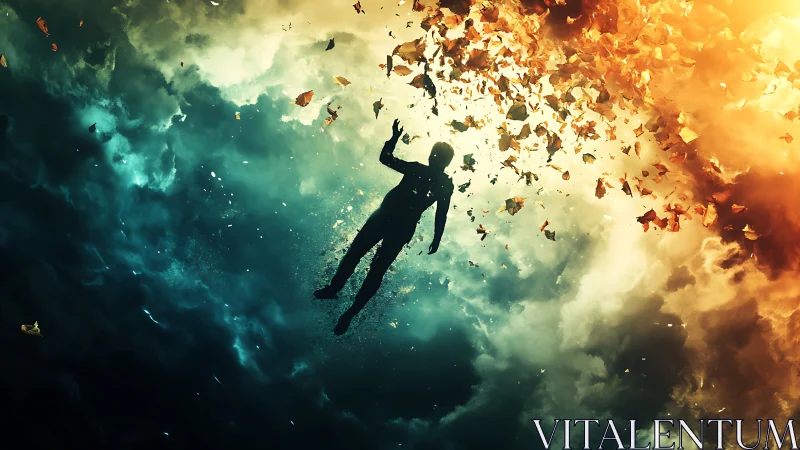 Silhouette figure drifting between teal and fiery clouds.