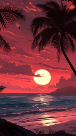 Crimson horizon sunset behind silhouettes of calm palms.