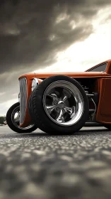 Low-slung hot rod prowls beneath storm-brewed skies with chrome