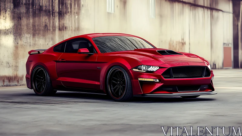 Crimson street Mustang paused between shadow and sunlight.
