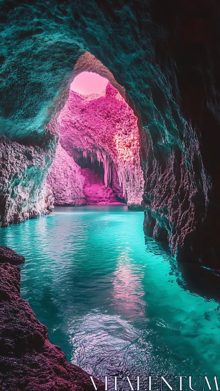 Neon lit sea cave with cyan water and magenta stalactites