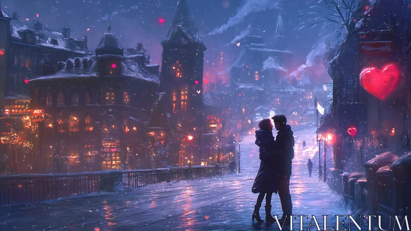 Winter cityscape digital artwork featuring couple on snowy street