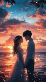 Couple at Sunset Beach with Luminescent Particles and Celestial Sky