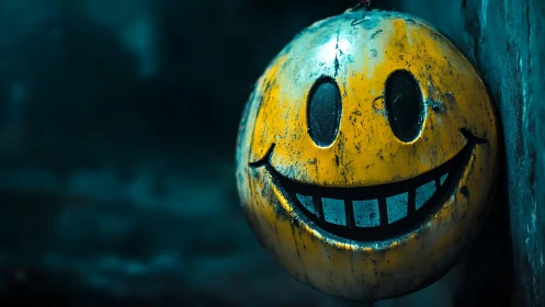 Grinning rusted smiley lamp glows against urban shadows.