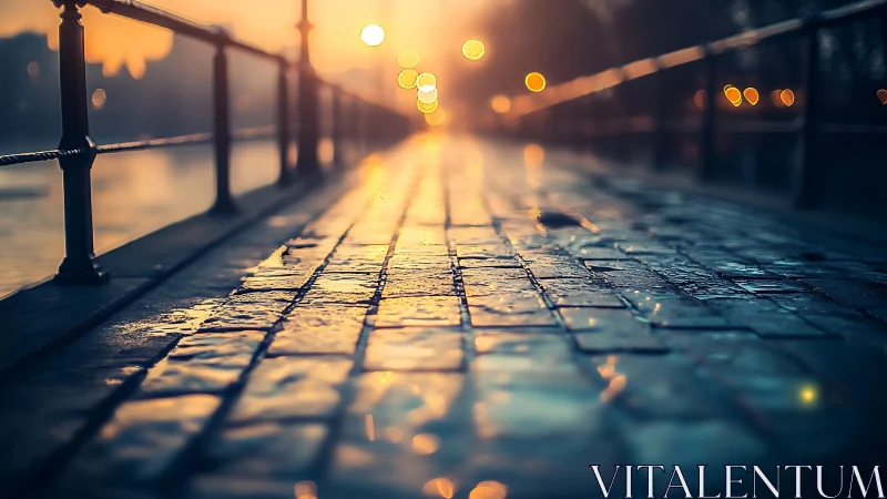 Wet cobblestone walkway receding toward blurred sunset lights