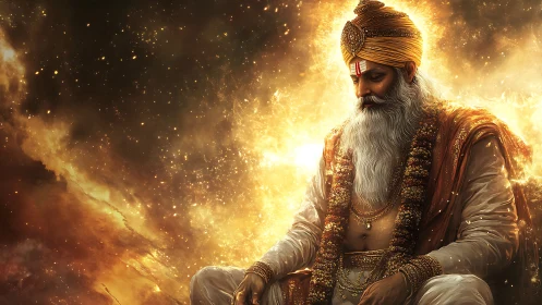 Radiant sage in cosmic gold meditation aura digital painting.