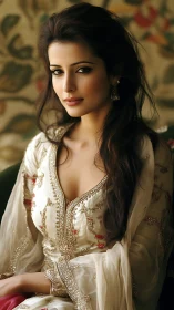 Elegant woman in embroidered ivory dress sits near window