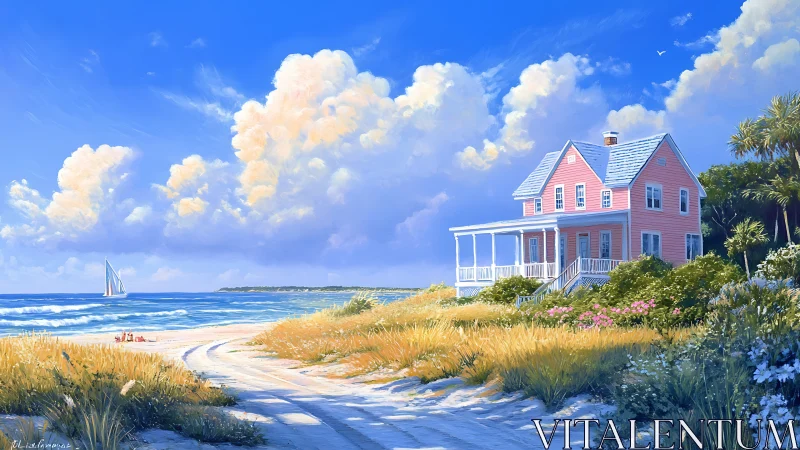 Sunlit pink beach house watches gentle waves roll ashore