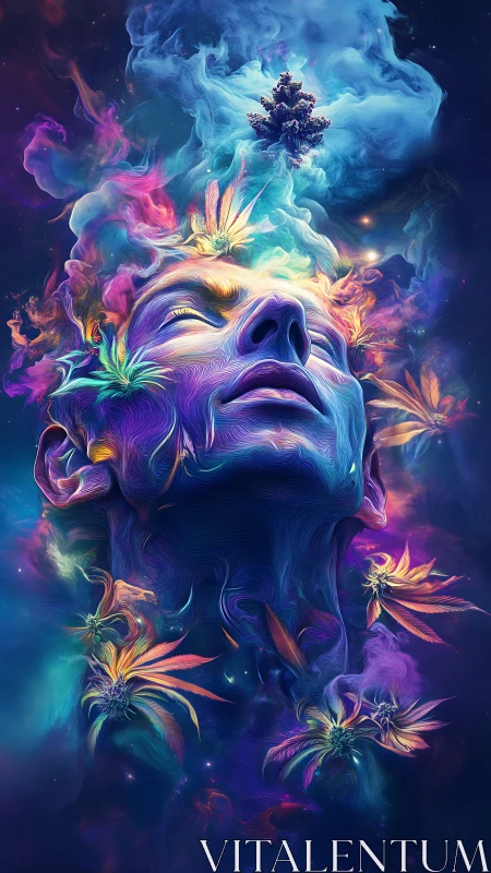 Surreal human face merges with colorful cosmic smoke