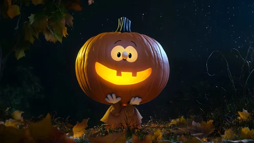 Glowing cartoon jack o lantern in autumn night landscape.
