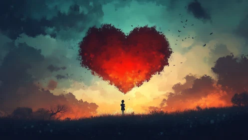 Solitary Figure Beneath Giant Heart-Shaped Cloud.