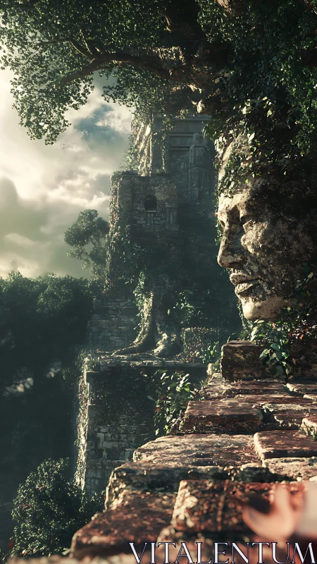 Stone colossus face overlooks misty overgrown temple ravine