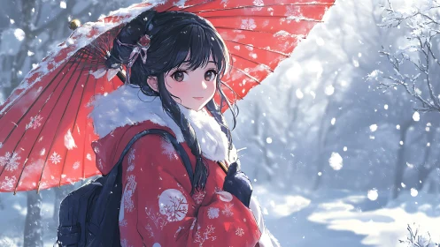 Crimson parasol girl in serene anime snowfall forest scene.