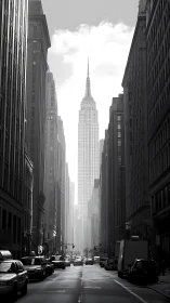 Monochrome axial street canyon framing a central skyscraper.
