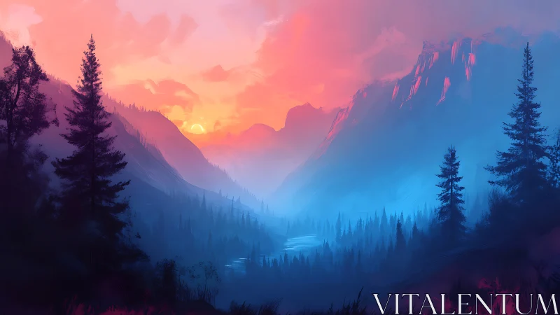 Boreal valley panorama with sunset-lit peaks and misted river