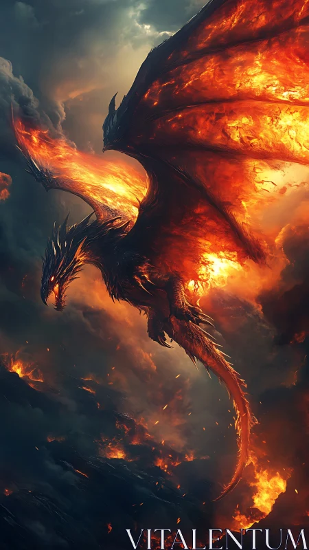Fiery dragon soars through stormlit skies of glowing embers.