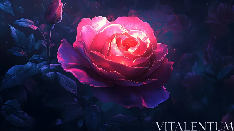 Neon rose with luminous petals glowing against dark background