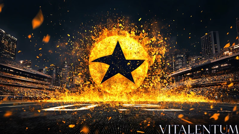 Explosive stadium emblem with incandescing starburst core.
