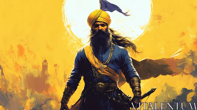 Sikh warrior portrait under blazing sun in golden haze.