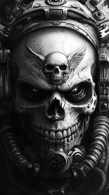 Cybernetic skull helm with gothic winged emblem, monochrome