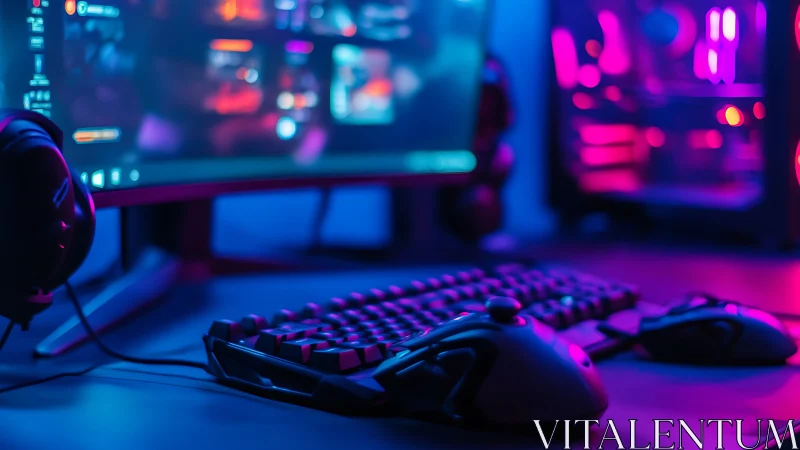 RGB-lit gaming setup glows in neon blue and magenta haze